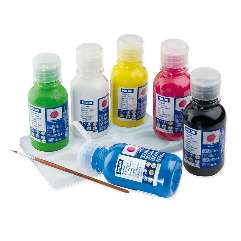MILAN Caja 6 Botellas de Témpera de Colores 125 ml con Pincel MILAN Caja 6 Botellas de Témpera de Colores 125 ml con Pincel
