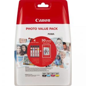 Canon CLI581 Pack de 4 Cartuchos de Tinta Originales - 50 Hojas de Papel Fotografico