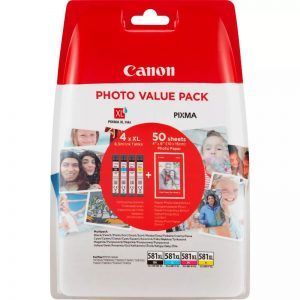 Canon CLI581XL Pack de 4 Cartuchos de Tinta Originales - 50 Hojas de Papel Fotografico