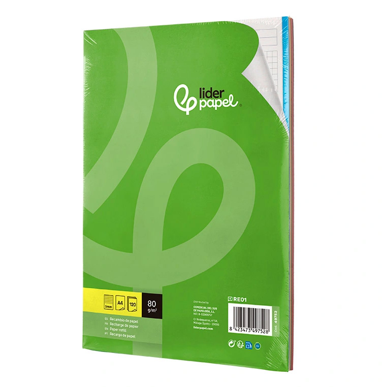 Liderpapel Recambio de Anillas A4 Bandas de Color 120 hojas - Cuadrícula 4mm Liderpapel Recambio de Anillas A4 Bandas de Color 120 hojas - Cuadrícula 4mm