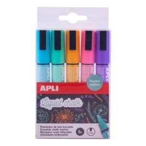 APLI Rotuladores Tiza Líquida Punta Redonda 5,5mm Colores Pastel surtidos 5 u.