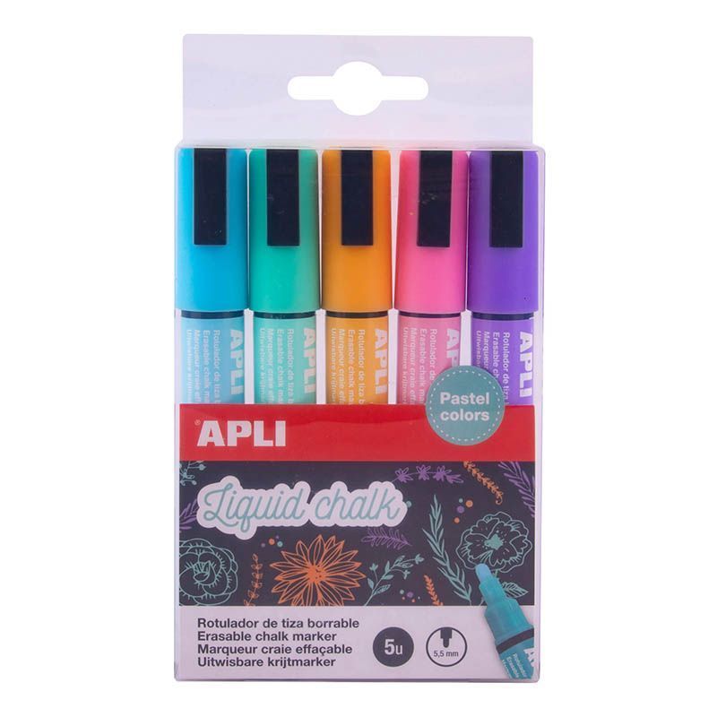 APLI Rotuladores Tiza Líquida Punta Redonda 5,5mm Colores Pastel surtidos 5 u. APLI Rotuladores Tiza Líquida Punta Redonda 5,5mm Colores Pastel surtidos 5 u.