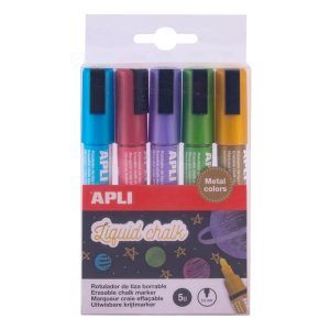 APLI Rotuladores Tiza Líquida Punta Redonda 5,5mm Colores Metalizados Surtidos 5 u.