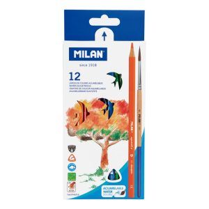 MILAN Caja 12 Lápices de Colores Acuarelables Triangulares + Pincel