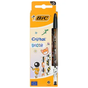BIC Cristal Decor, 3 Bolígrafos Punta Media 1mm, Tinta Negra Diseños Kawaii