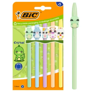 BIC Cristal Pastel 5 Bolígrafos Punta Media 1mm, Tinta Azul, Barriles Animales Kawaii