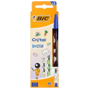 BIC Cristal Decor, 3 Bolígrafos Punta Media 1mm, Tinta Azul, Diseños Kawaii
