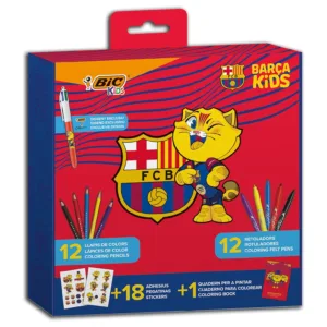 BIC Kids Kit de Colorear FC BARCELONA con Bolígrafo 4 Colores, 12 Lápices de Colores BIC Tropicolors, 12 Rotuladores Kid Couleur, Cuaderno para Colorear y 18 Pegatinas del FC Barcelona
