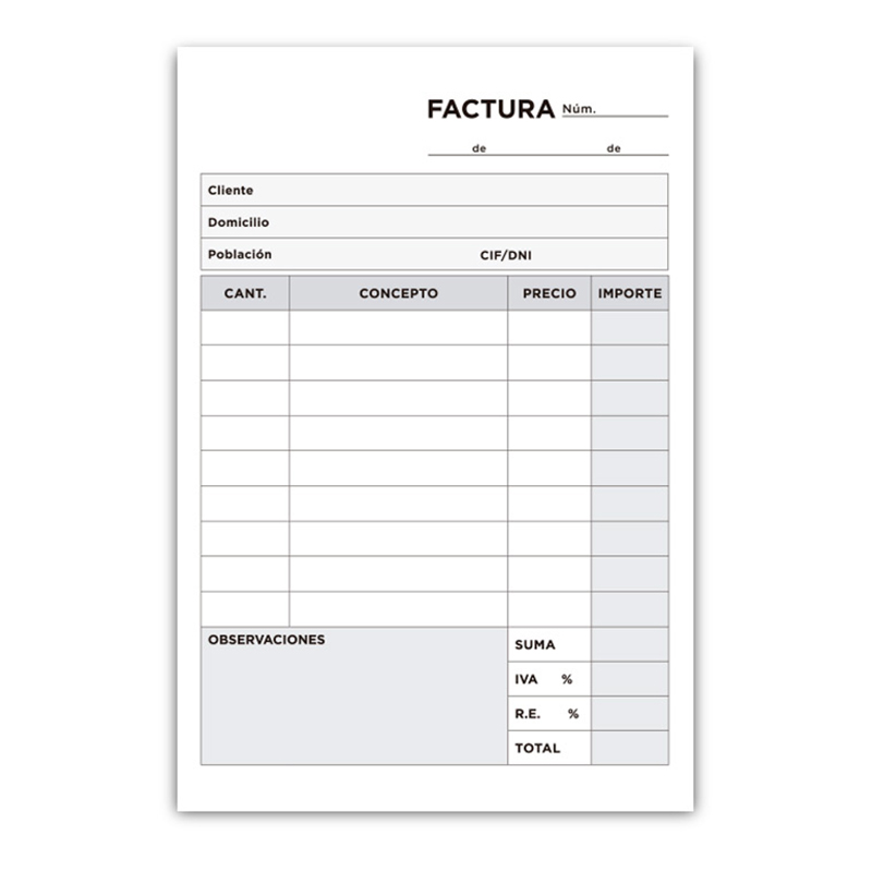 Talonario Facturas Bloc Encolado 8º (105x155mm) con IVA Talonario Facturas Bloc Encolado 8º (105x155mm) con IVA
