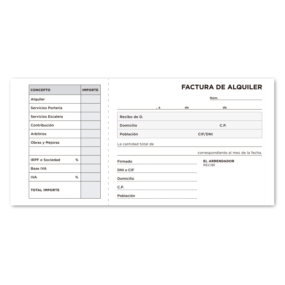 Talonario Inquilinato Bloc Encolado 3/Fº (205x102mm) con Matriz e IVA Talonario Inquilinato Bloc Encolado 3/Fº (205x102mm) con Matriz e IVA