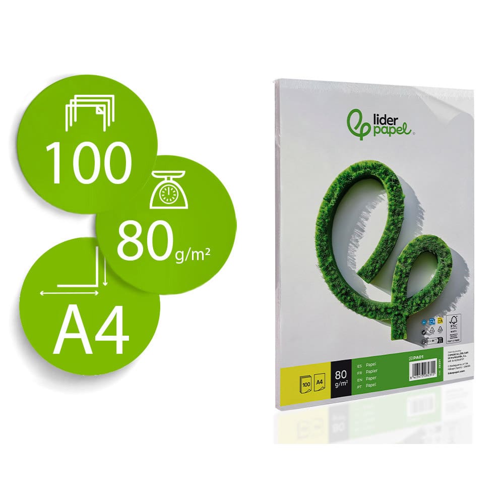 Liderpapel Papel Folios Fotocopiadora y Escritura, 80 g/m², A4, 100 hojas Liderpapel Papel Folios Fotocopiadora y Escritura, 80 g/m², A4, 100 hojas